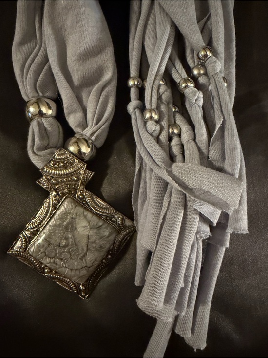 Hand Crafted Accessories - Hand Crafted Grey Boho Scarf/Belt/Wrap w/Beads Fringe Stone Like Pendant OS